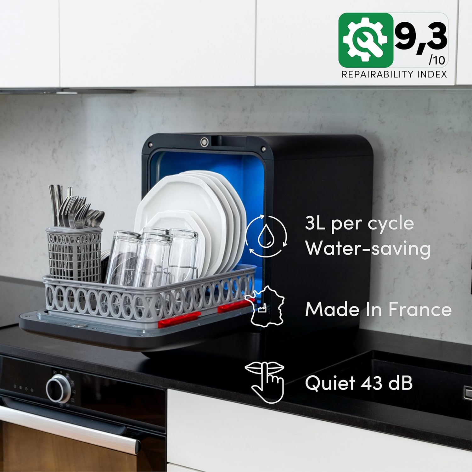 2026 DAAN TECH Bob - Lave-vaisselle Compact 3 Couverts Encastrable - Pose Libre, Avec Réservoir, Portable - Séchage Naturel - Assiette 29 cm - Label Origine France Garantie, Eco-Conçu (Blanc-Rouge)