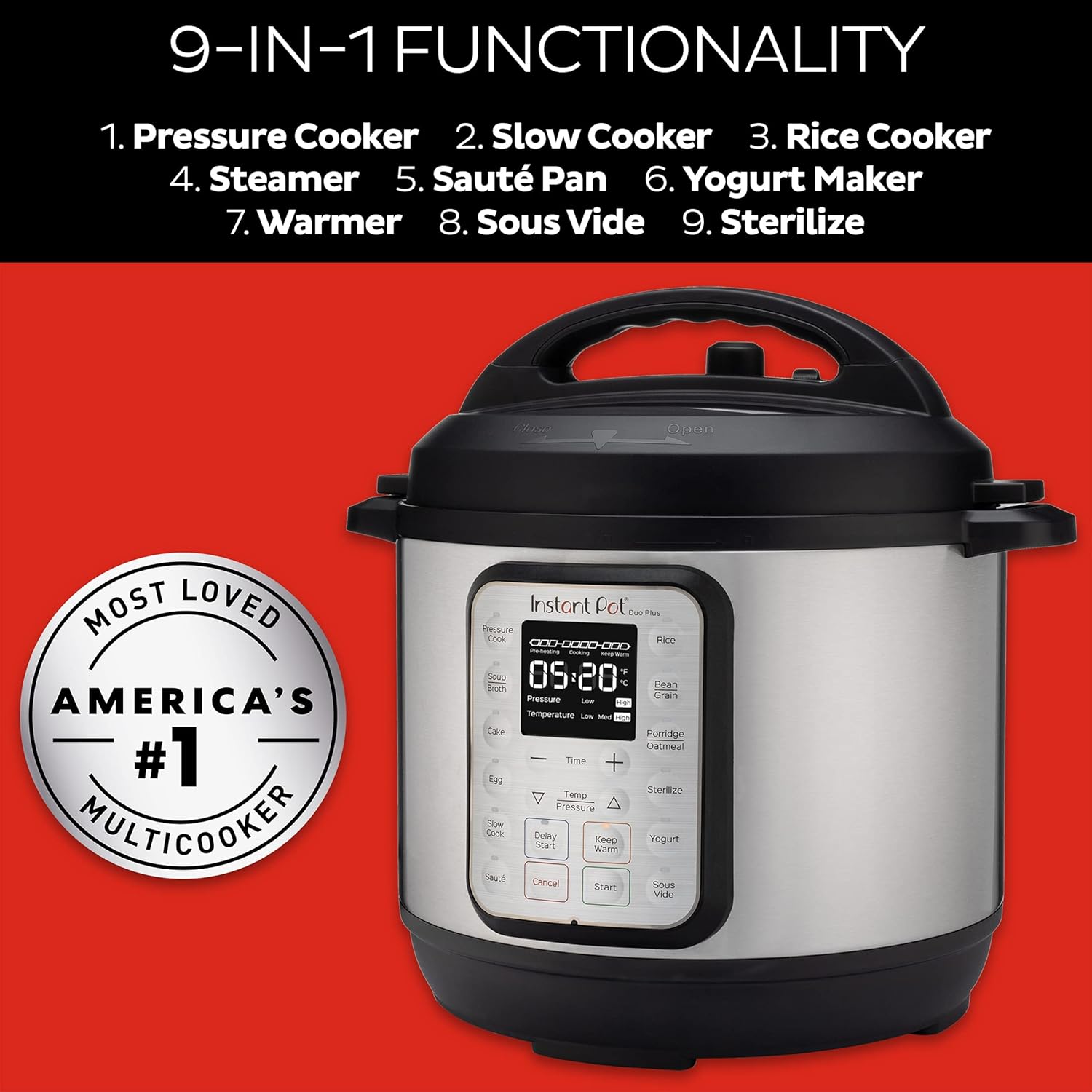 2026 2025 Instant Pot Duo Plus 9-en-1 Multicuiseur, Autocuiseur, Slow Cooker, Cuiseur de Riz, Vapeur, Sauté, Yaourtière, Maintien au Chaud et Stérilisateur, Application Incluse avec Plus de 800 Recettes, Acier Inoxydable, 6 Quarts