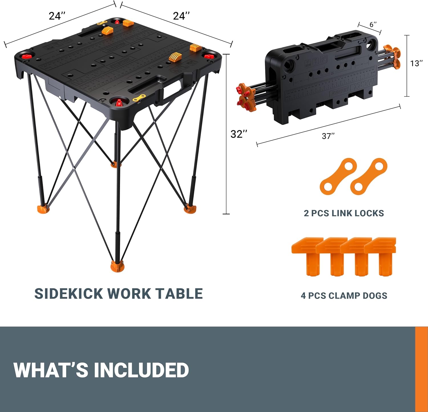 2026 2025 Table de Travail et Chevalet Pliant 2-en-1 Worx Pegasus, Banc de Travail Portable Facile à Installer, 31" L x 25" P x 32" H, Léger avec Haute Capacité de Charge, WX051 - Inclut 2 Serres et 4 Brides