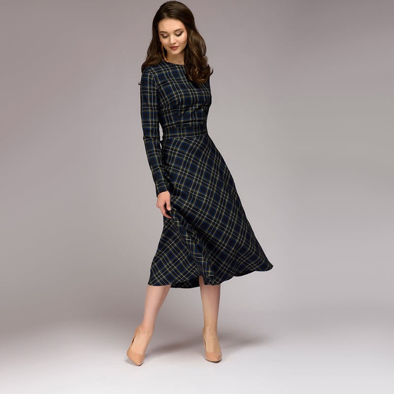 Robe à carreaux élégant midi intemporel chic décontracté pour femme