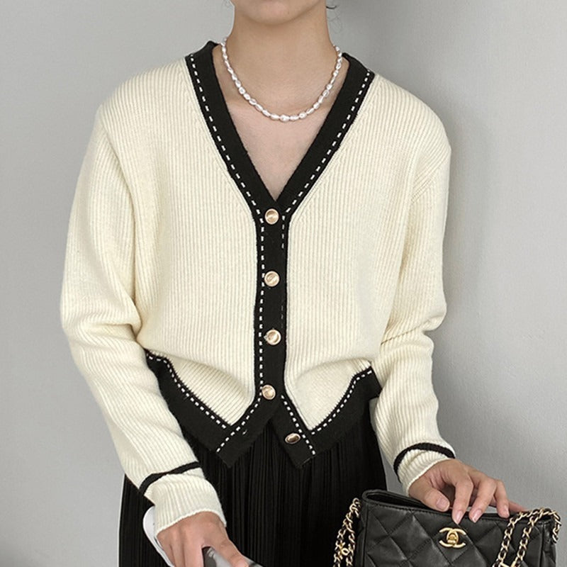 Pull ample col V tricoté slimming bedford cord pour femme