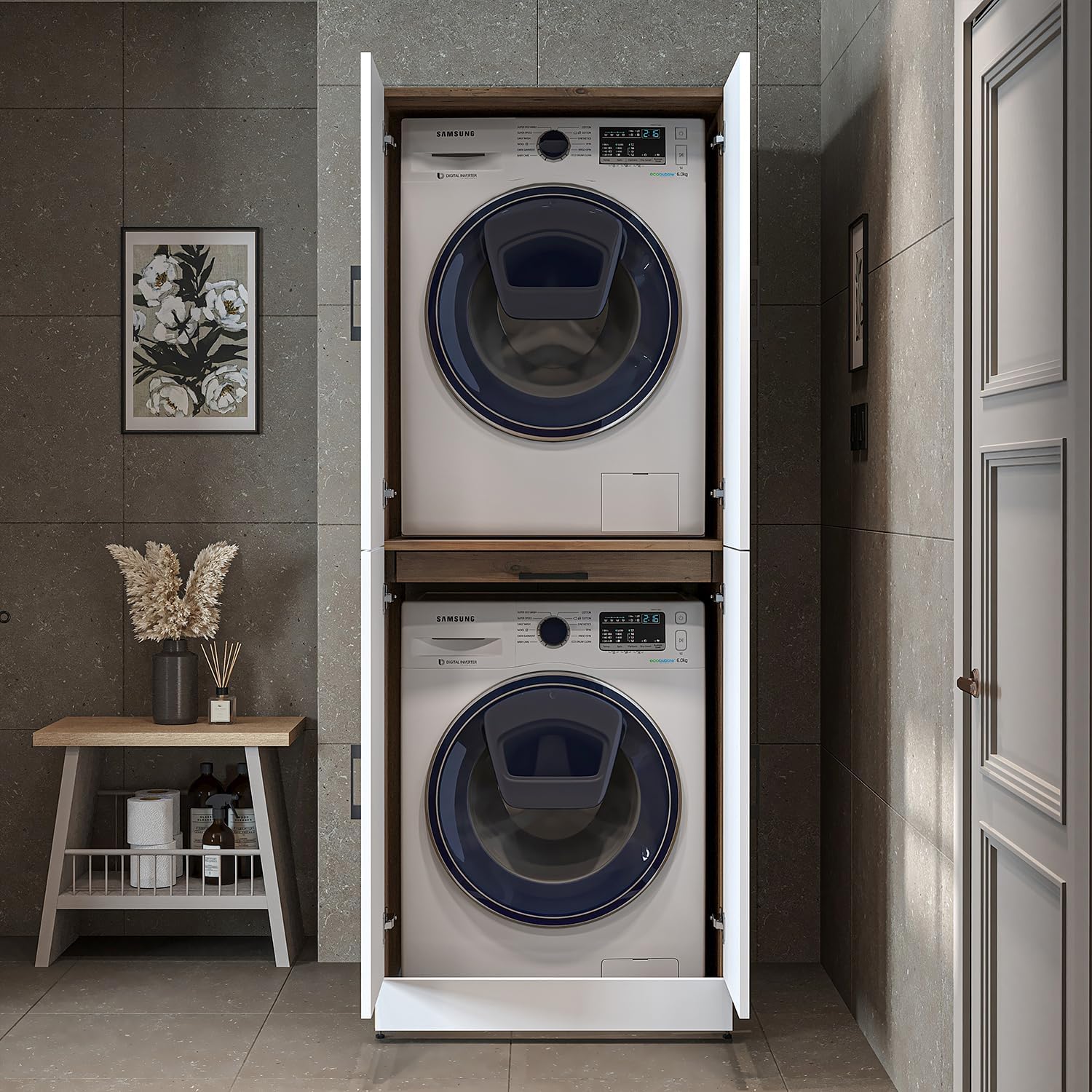 2026 ROOMART Dora Armoire de machine à laver, pour sèche-linge et machine à laver, en 4 couleurs, avec portes et planche coulissante (chêne anthracite)