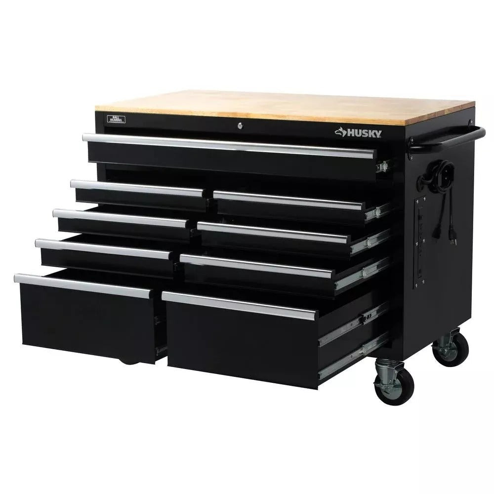 2026 Coffre à outils mobile 9 tiroirs - Noir brillant - Dimensions : 117 cm (L) x 61 cm (P)
