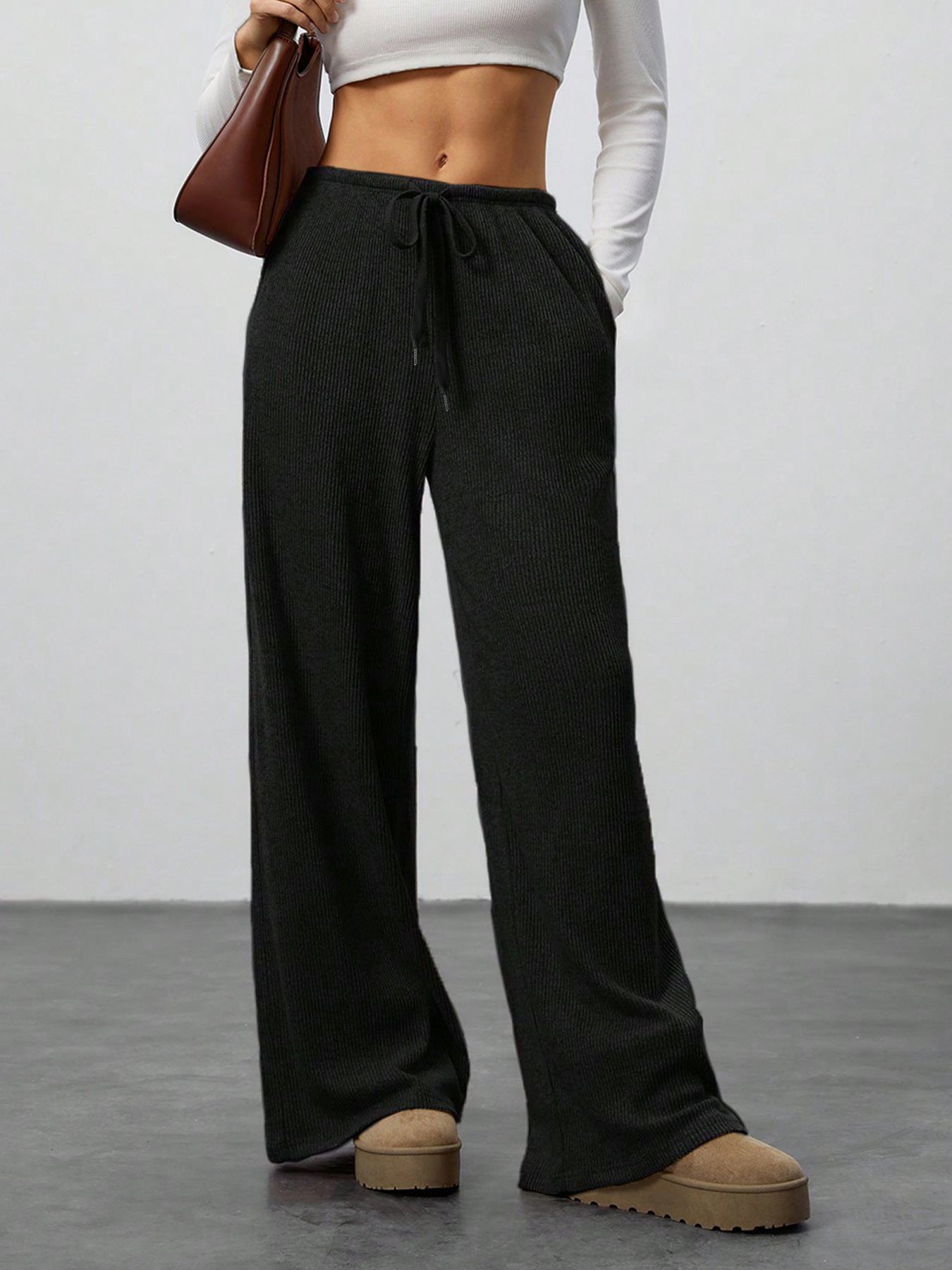 Pantalon couleur unie ample jambes larges à cordon décontracté pour femme