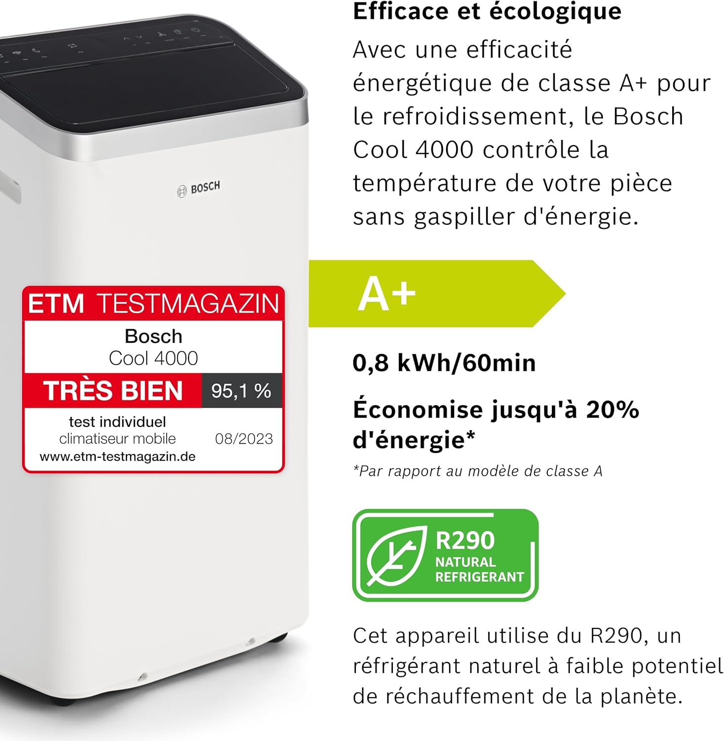 2026 Bosch Cool 4000 Portable AC - 3 en 1 : Climatiseur, Déshumidificateur, Ventilateur - 2,6 kW pour les pièces jusqu'à 35m² - Avec Mode Auto, Mode Silencieux et Mode Veille (48 db (A)) [Classe A+]
