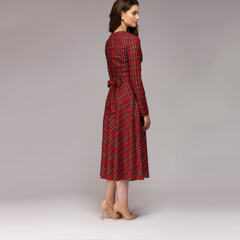 Robe à carreaux élégant midi intemporel chic décontracté pour femme