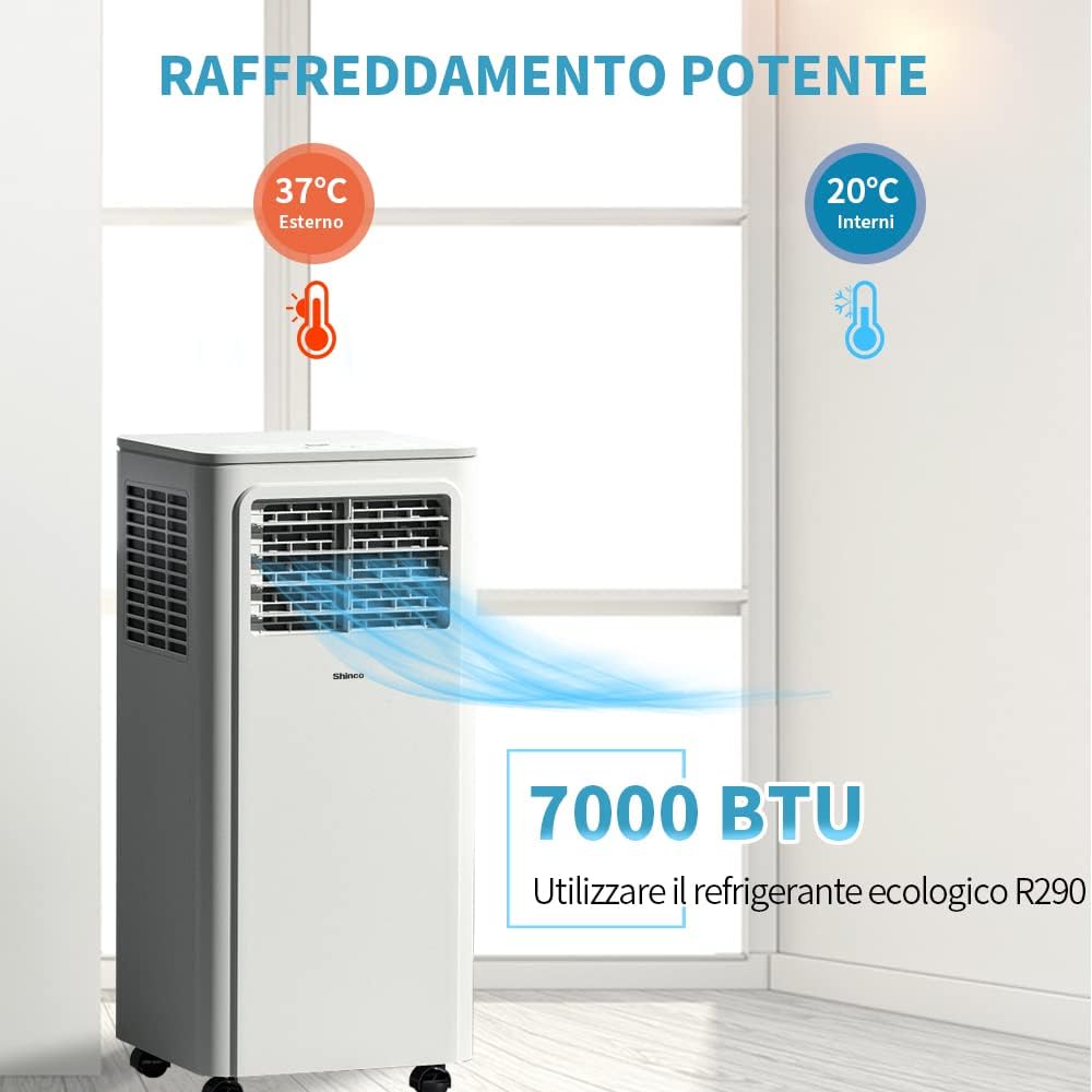 2026 SHINCO Climatiseur mobile, 7000 BTU 2,05kW, Refroidir&Ventilation&Déshumidification, taille de la pièce jusqu'à 54m³(18㎡), Climatiseur mobile avec tuyau d'évacuation et tuyau de vidange, mode sommeil
