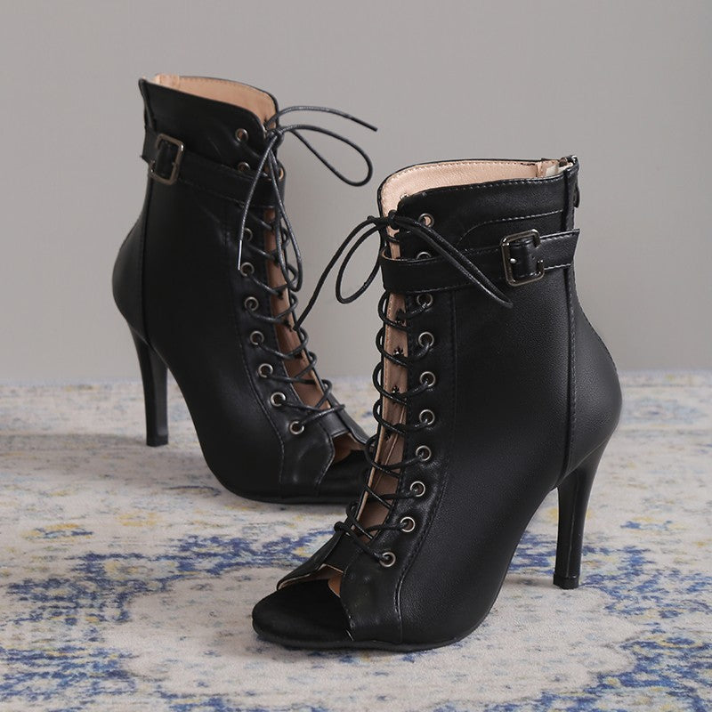 Sandales à lacets talon haut bout ouvert zippé pour femme