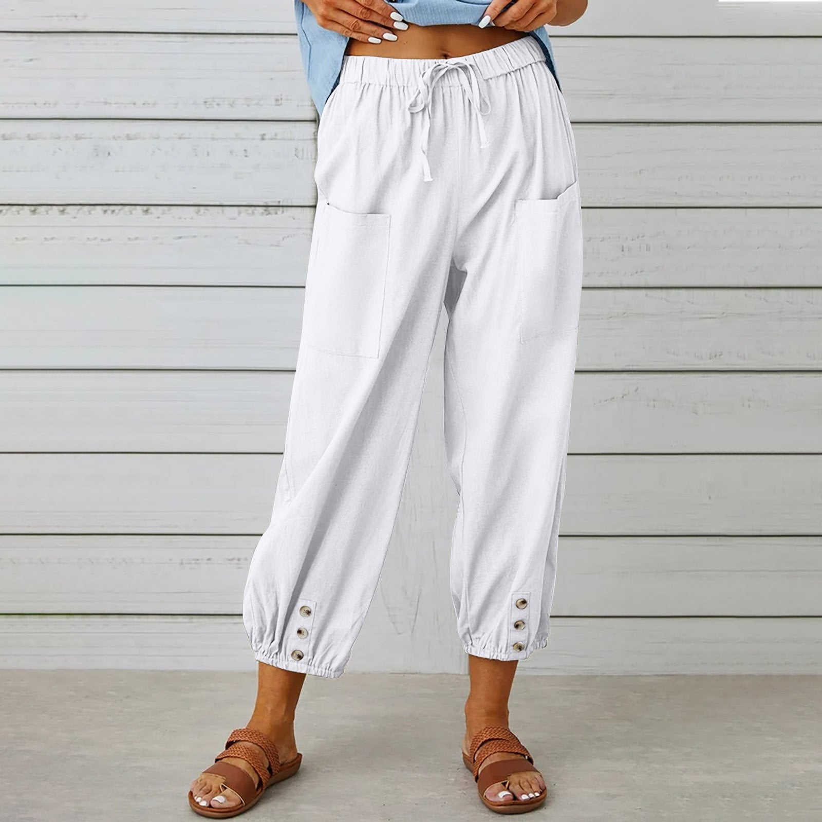 Pantalon à cordon à nouer en coton et lin poches décontracté pour femme