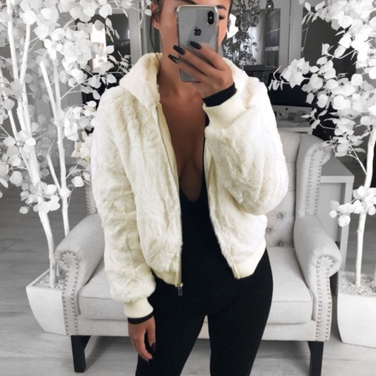 Women's Hooded Rabbit Faux Fur Plush Coat Bomber Jacket - LAKD London
