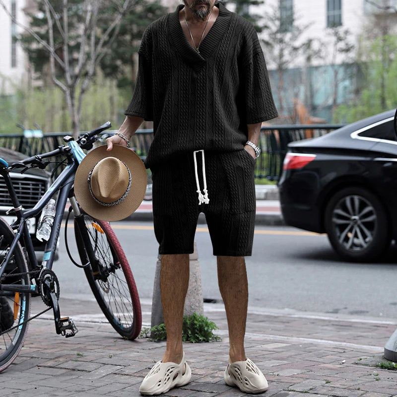2026 Men's Casual Jacquard Summer Two-Piece V-Neck Shorts Set