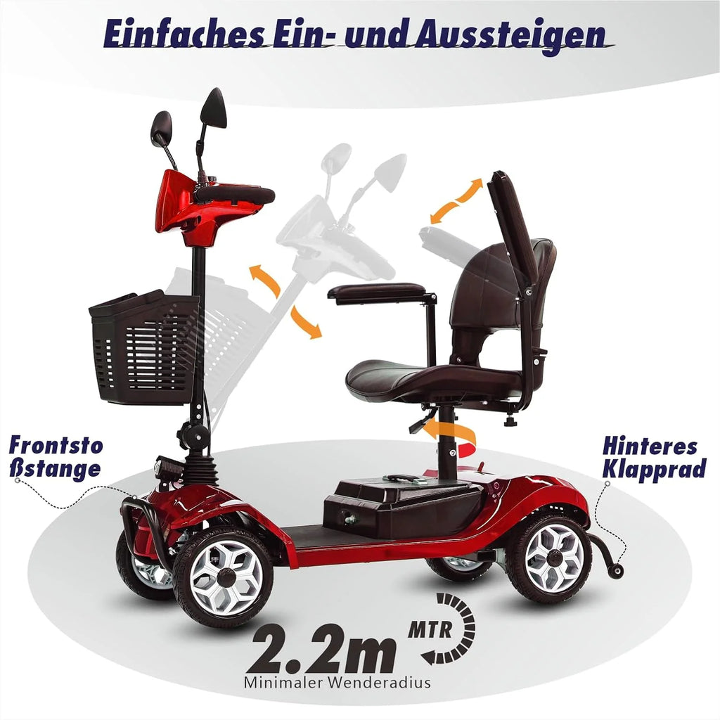 2026 Mobilitätsroller mit 4 Rädern, elektrisch betriebener Rollstuhl, kompaktes Hochleistungsmobil für unterwegs, Erwachsene, Senioren – Langstrecken-Akku mit erweiterter Leistung, Rückspiegel