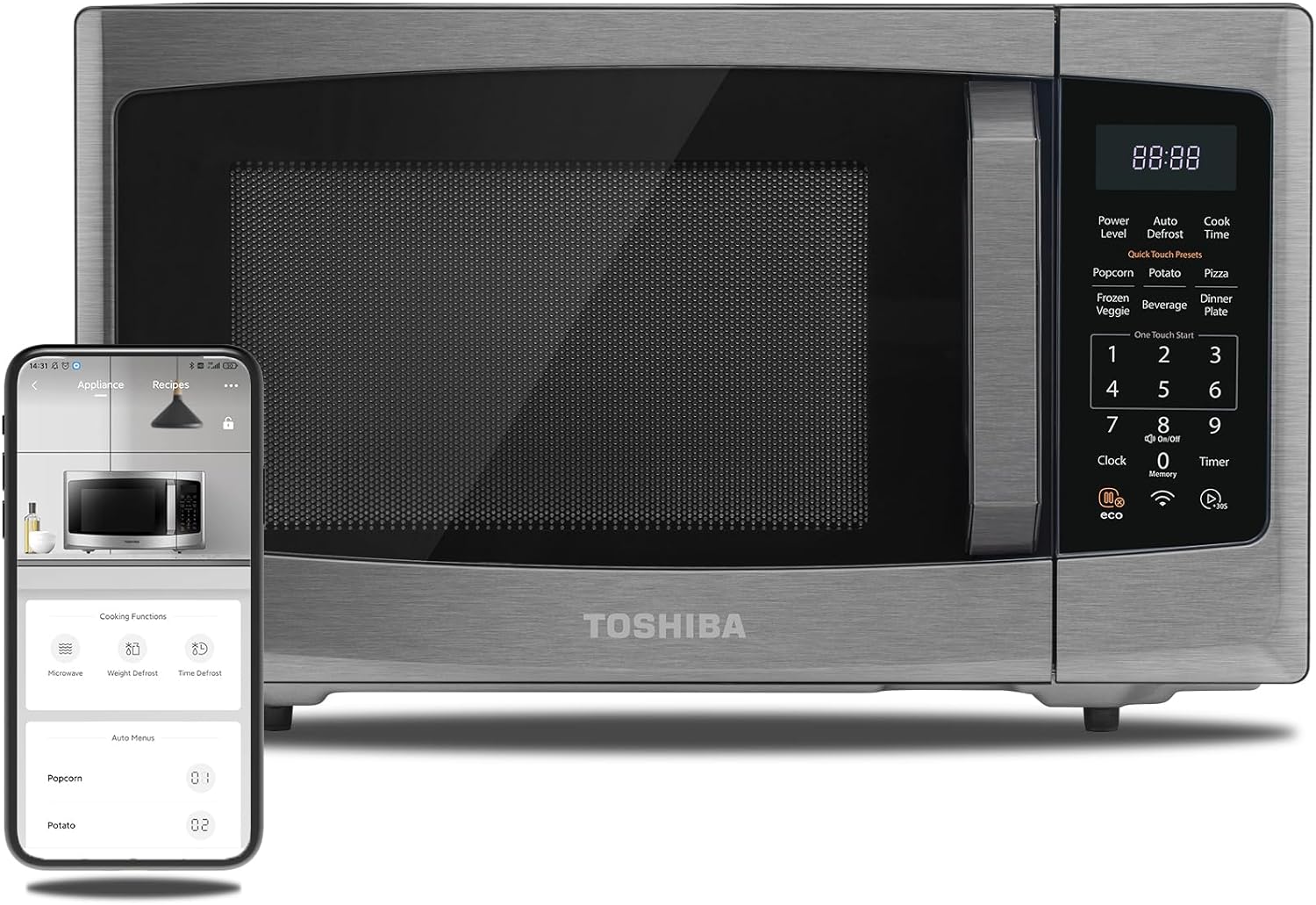 2026 TOSHIBA 4-in-1 ML-EC42P(SS) Mikrowellenherd für die Arbeitsplatte, Smart Sensor, Konvektion, Heißluftfritteuse-Kombination, Stummschaltfunktion, Positionsspeicher, 13,6" Drehteller, 1,5 Kubikfuß, 1000 W, silber