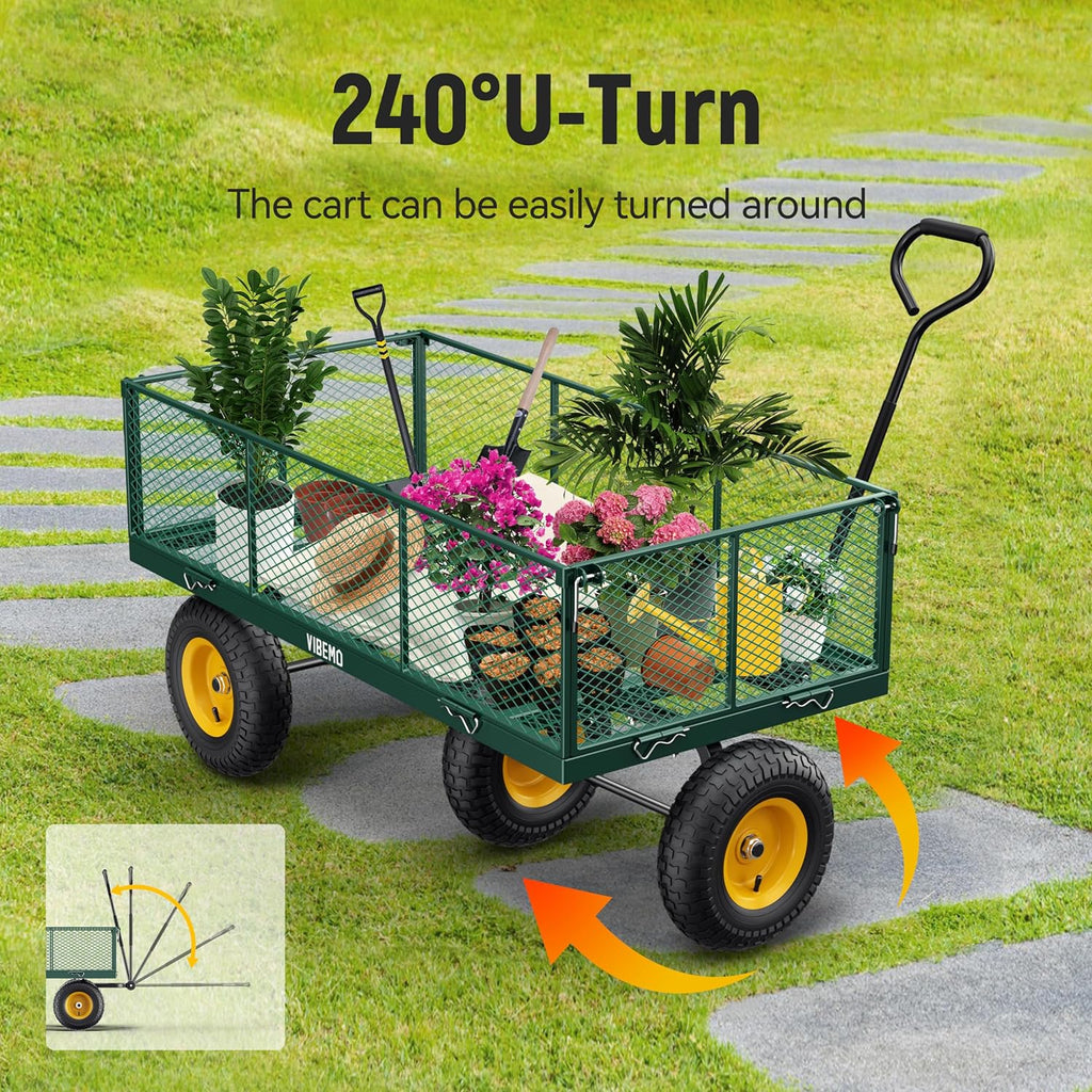 2026 Steel Garden Cart, 2-in-1 1400 lbs Heavy Duty Utility Wagon, with Removable Mesh Sides to Convert into Flatbed, 240° U-Turn 13" Pneumatic Tires Garden Wagon for Farm Yard Lawn Garden Camping