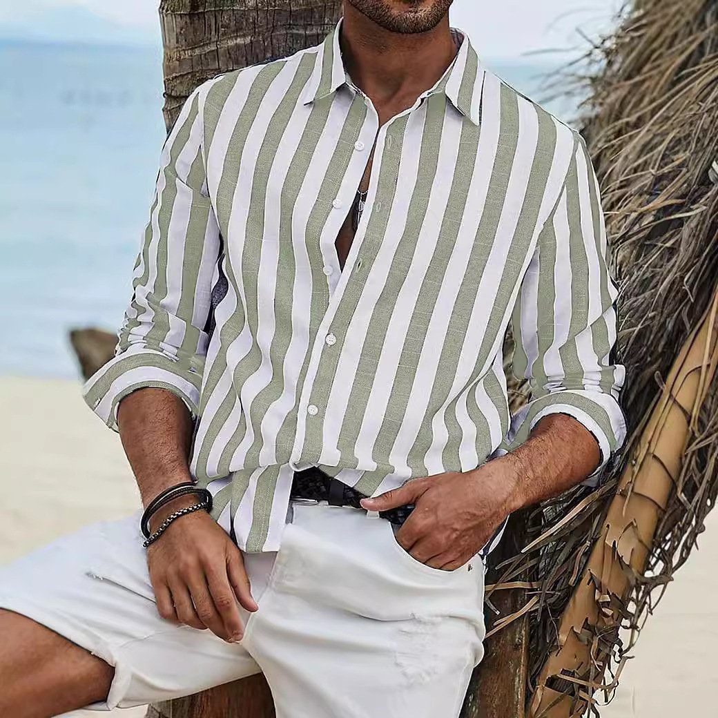 Chemise rayé manches longues en coton été décontracté respirant pour homme