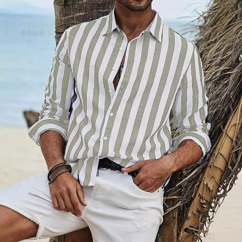 Chemise rayé manches longues en coton été décontracté respirant pour homme