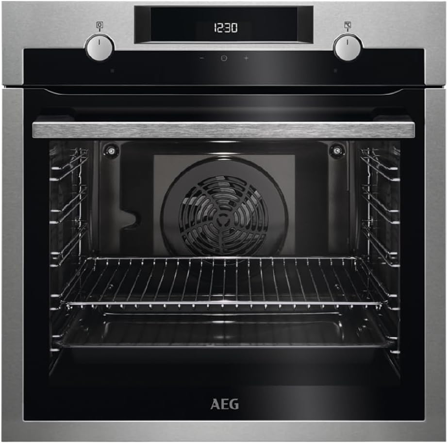 2026 AEG BEE435111M Four électrique multifonction, intégrable, nettoyage AquaClean, 9 fonctions, cuisson multi-niveaux, écran LCD tactile, ventilateur XXL, capacité 72 L, inox, classe A+
