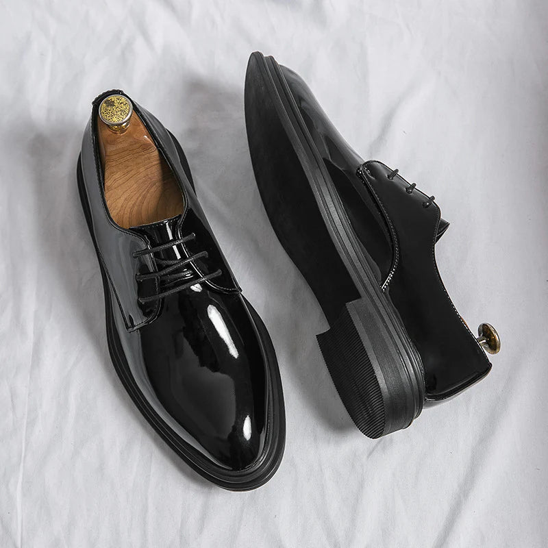2026 Men's Black Patent Derby Dress Shoes Glossy British Formal Style