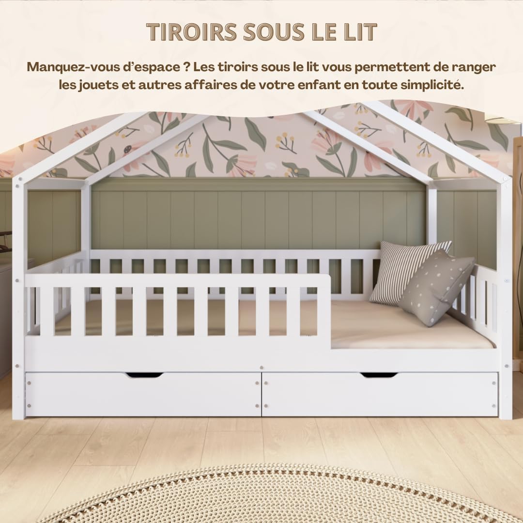 2026 Lit cabane Crazy Pine Crazy House avec tiroirs 190 x 90 cm &ndash; Lit enfant en bois naturel avec barri&egrave;re &ndash; Lit Montessori au sol avec rangement suppl&eacute;mentaire et barri&egrave;re amovible