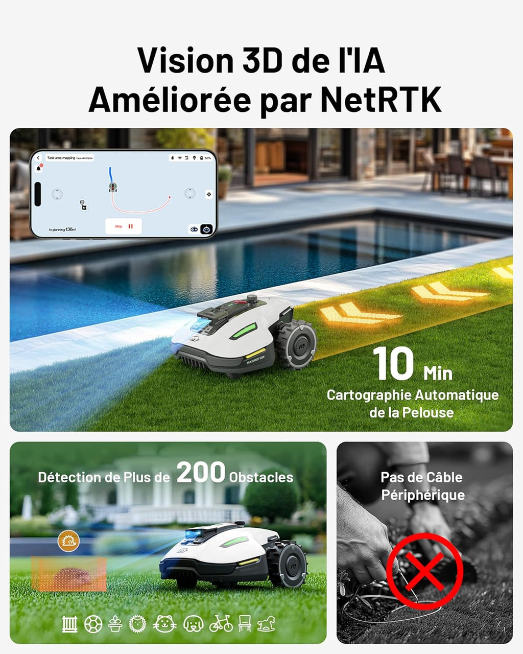 2026 MAMMOTION YUKA Mini 500 Robot Tondeuse sans Fil Périphérique, NetRTK+Vision, Aucune Antenne RTK Requise, Recommandé 500 m², Max. 700 m², Pente à 50%, Cartographie Automatique, avec Module 4G