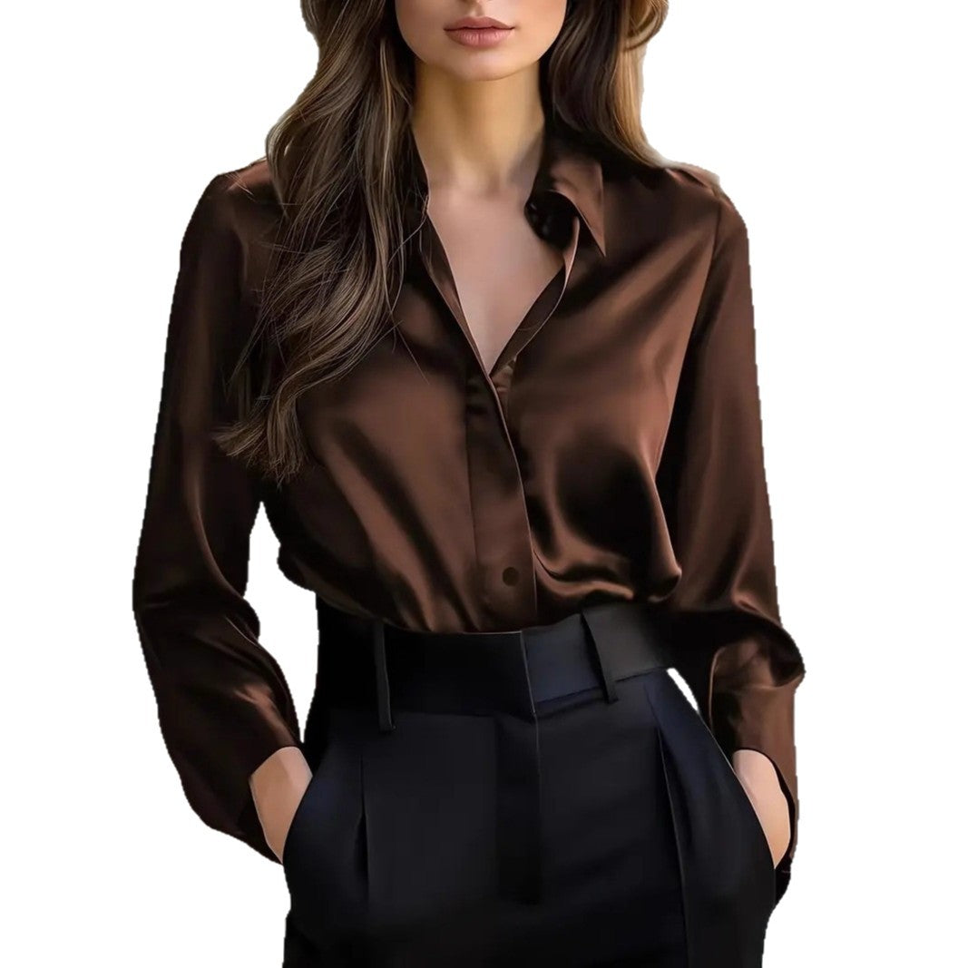 Chemisier élégant satin manches longues boutonné up brillant bureau pour femme