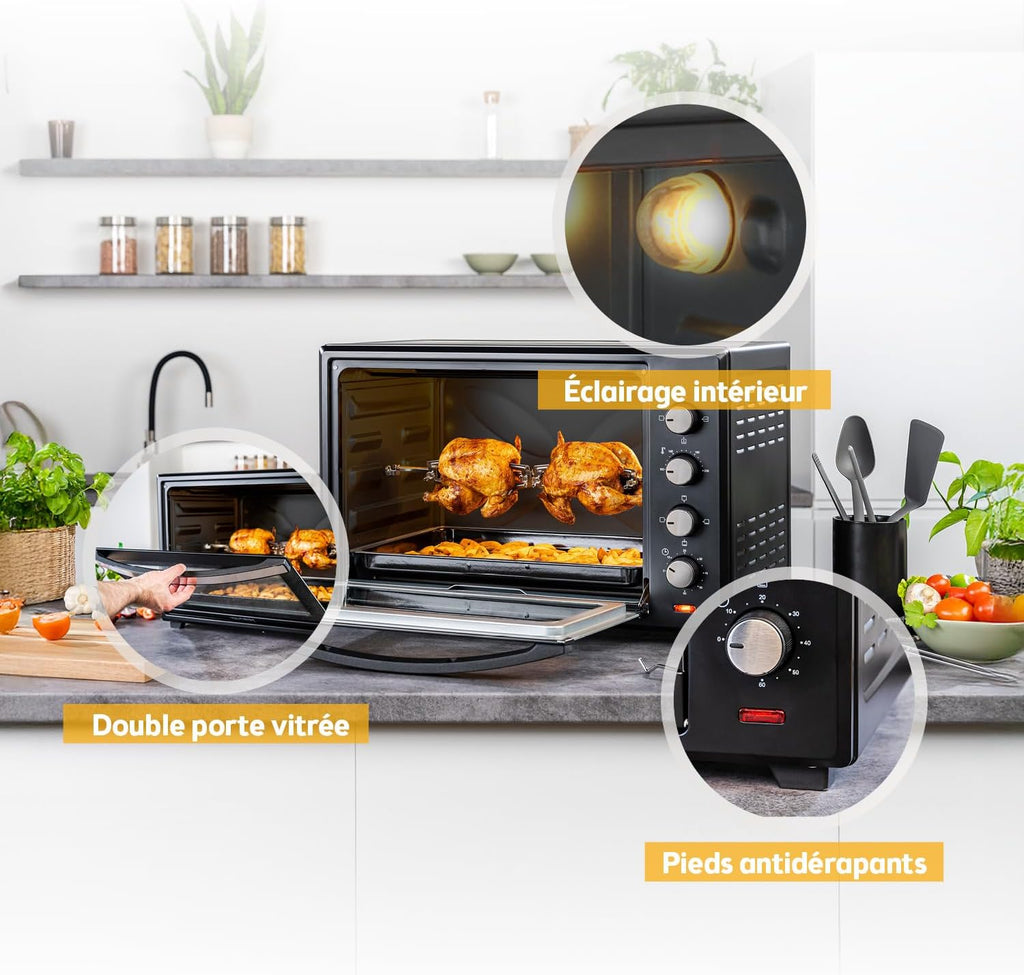 2026 TZS First Austria Mini-four 60 l I 2000 W I Convection + Rôtisserie I 4 éléments chauffants I Plage de température jusqu'à 230 °C I Minuterie 60 min I Inox I Noir