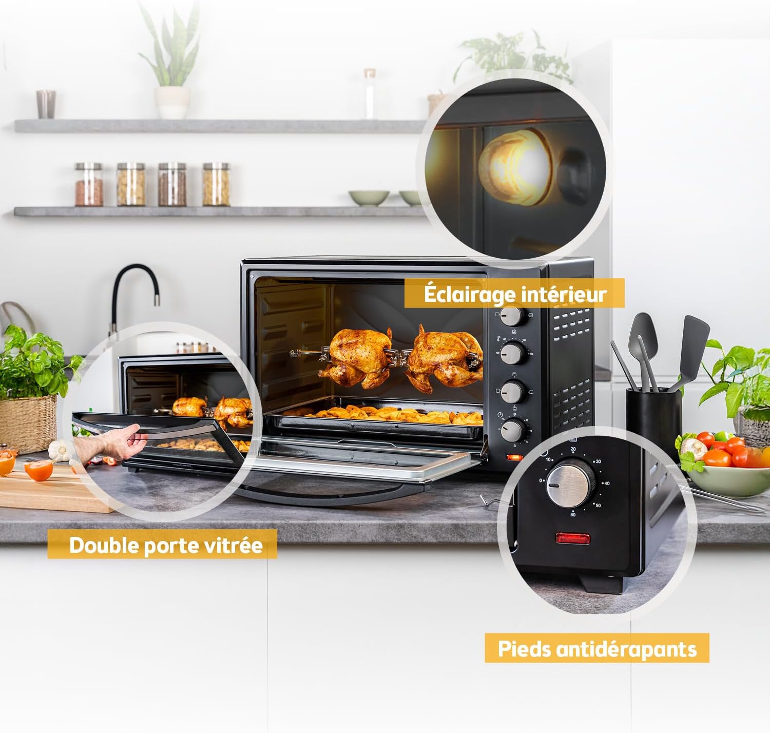 2026 TZS First Austria Mini-four 60 l I 2000 W I Convection + Rôtisserie I 4 éléments chauffants I Plage de température jusqu'à 230 °C I Minuterie 60 min I Inox I Noir