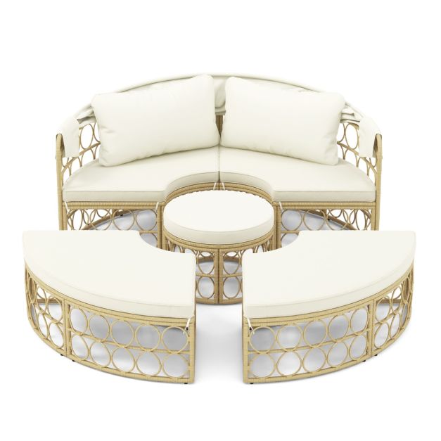 2026 Lit de Repos Rond pour Patio avec Auvent Rétractable Ensemble de Siège Sectionnels Séparés en Rotin PE avec Coussins Doux Blanc