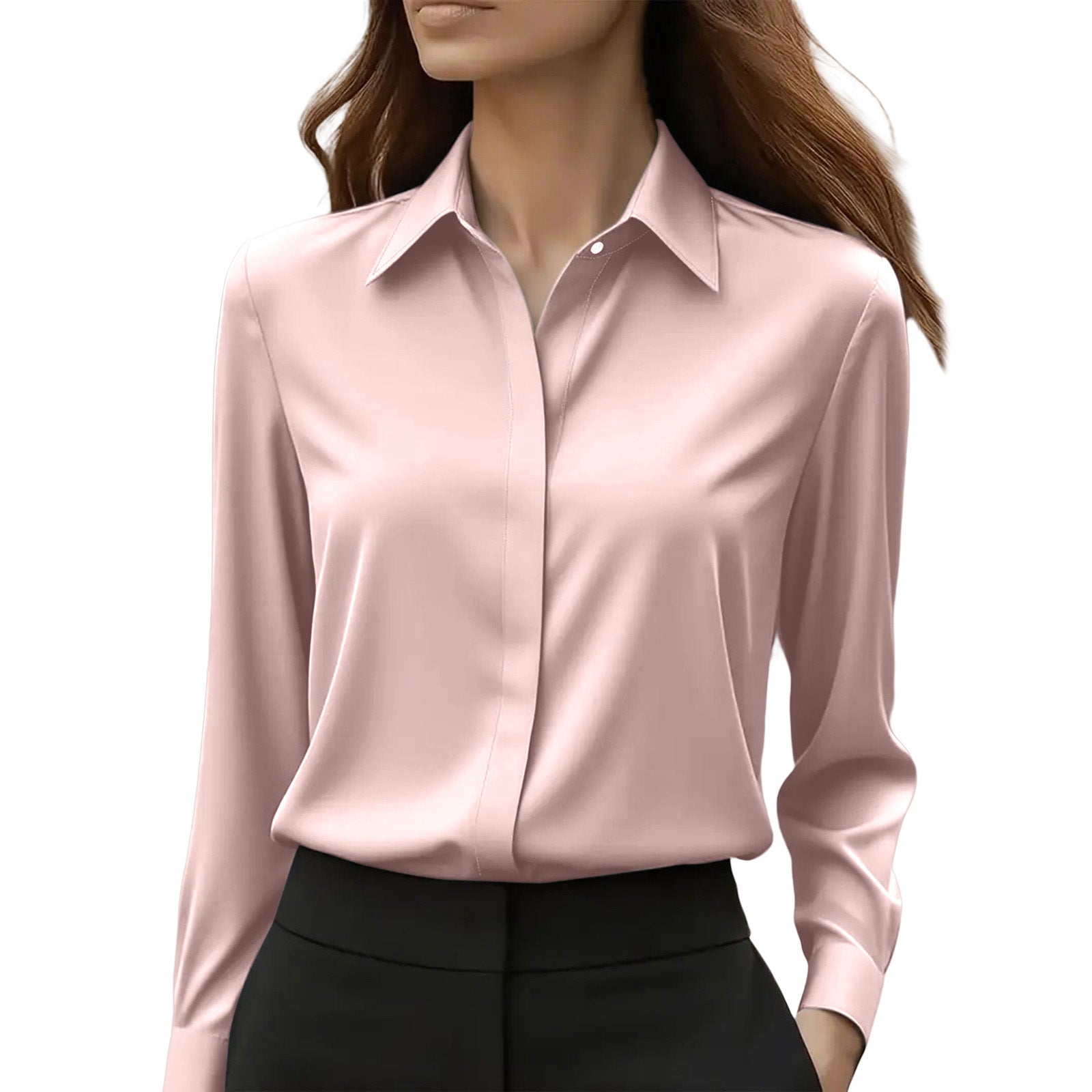 Chemisier tailleur satin à revers manches longues habillé bureau pour femme