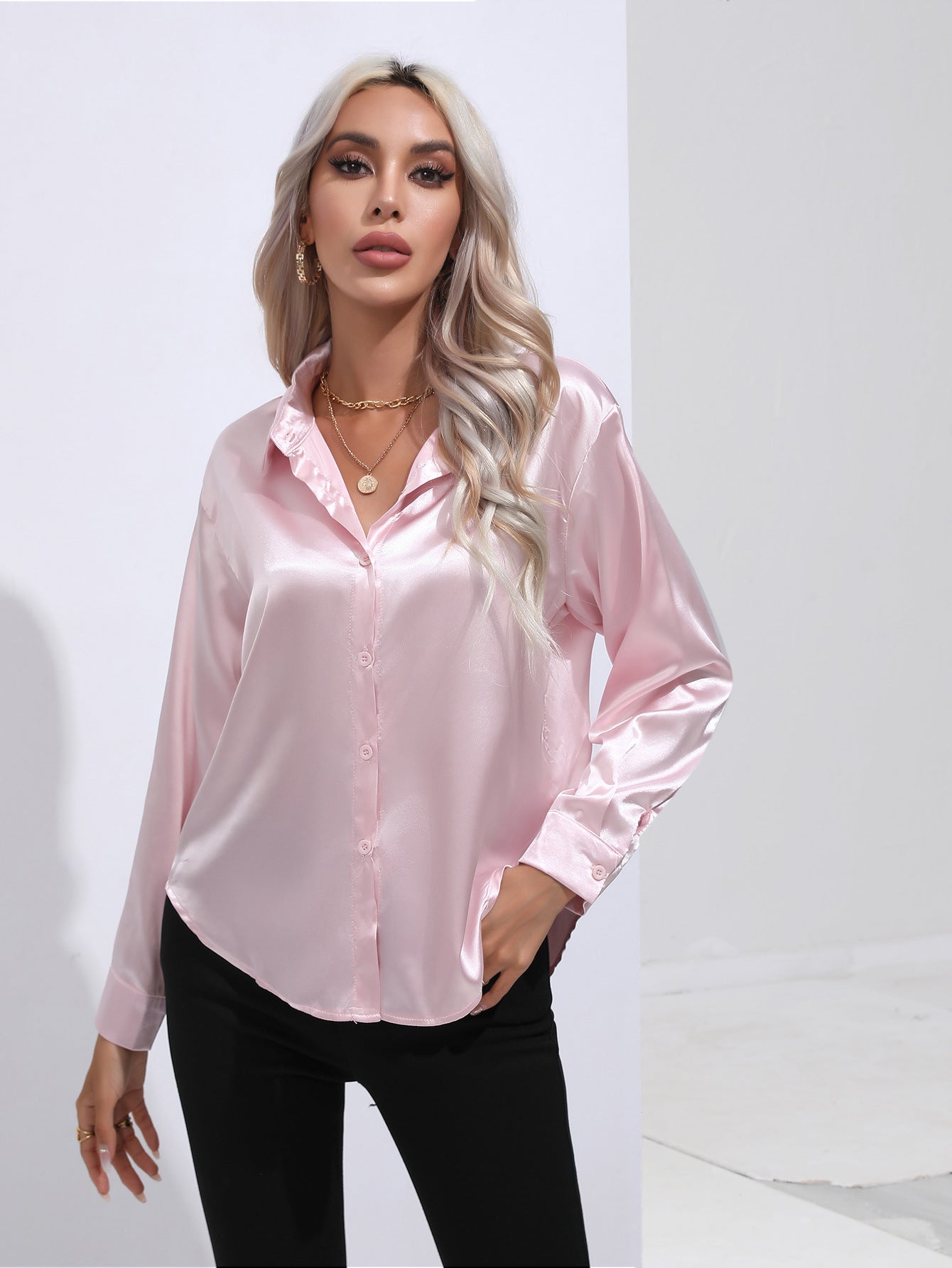Women's Premium Satin Solid Color Button Front Lapel Blouse Shirt - LAKD London