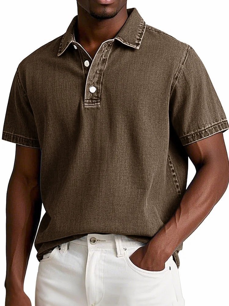 Polo couleur unie vintage manches courtes à revers décontracté pour homme