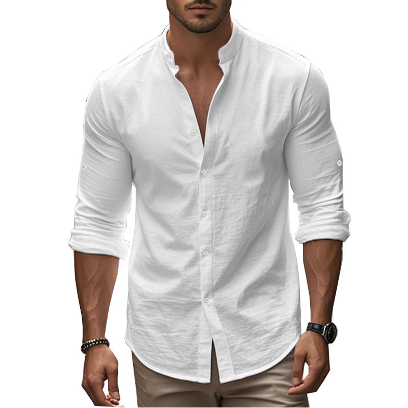 2026 Men's Casual Cotton Standing Collar Long Sleeve Summer Shirt Breathable