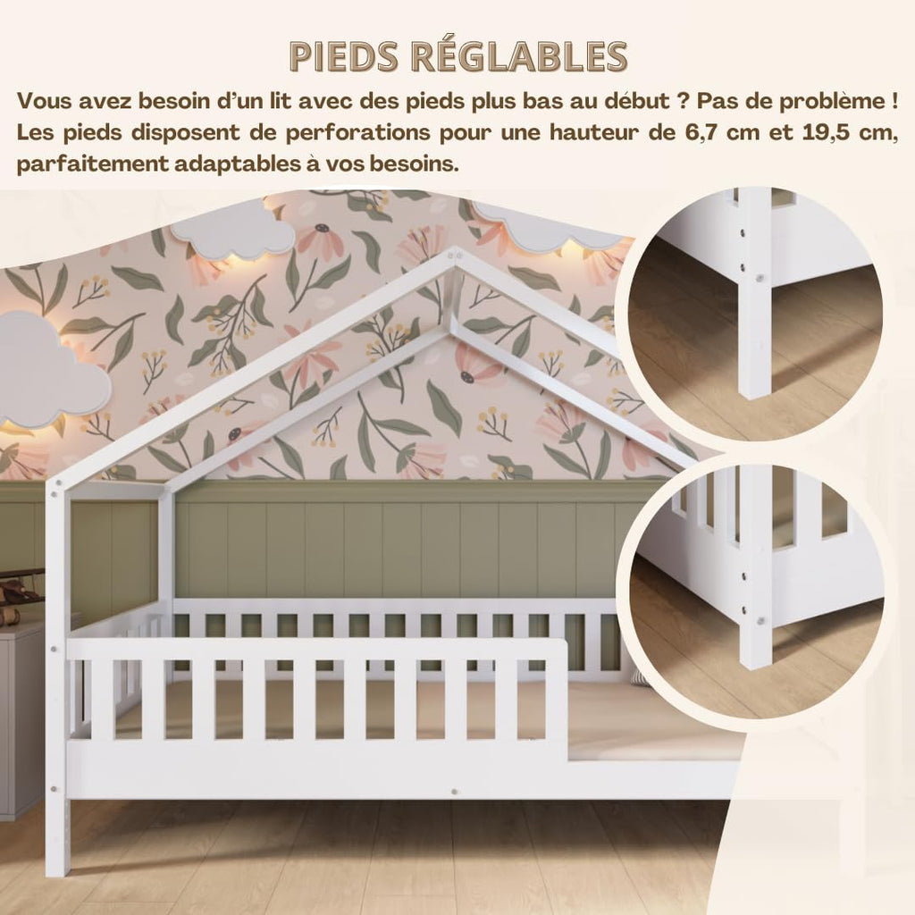 2026 Lit cabane Crazy Pine Crazy House avec tiroirs 190 x 90 cm &ndash; Lit enfant en bois naturel avec barri&egrave;re &ndash; Lit Montessori au sol avec rangement suppl&eacute;mentaire et barri&egrave;re amovible