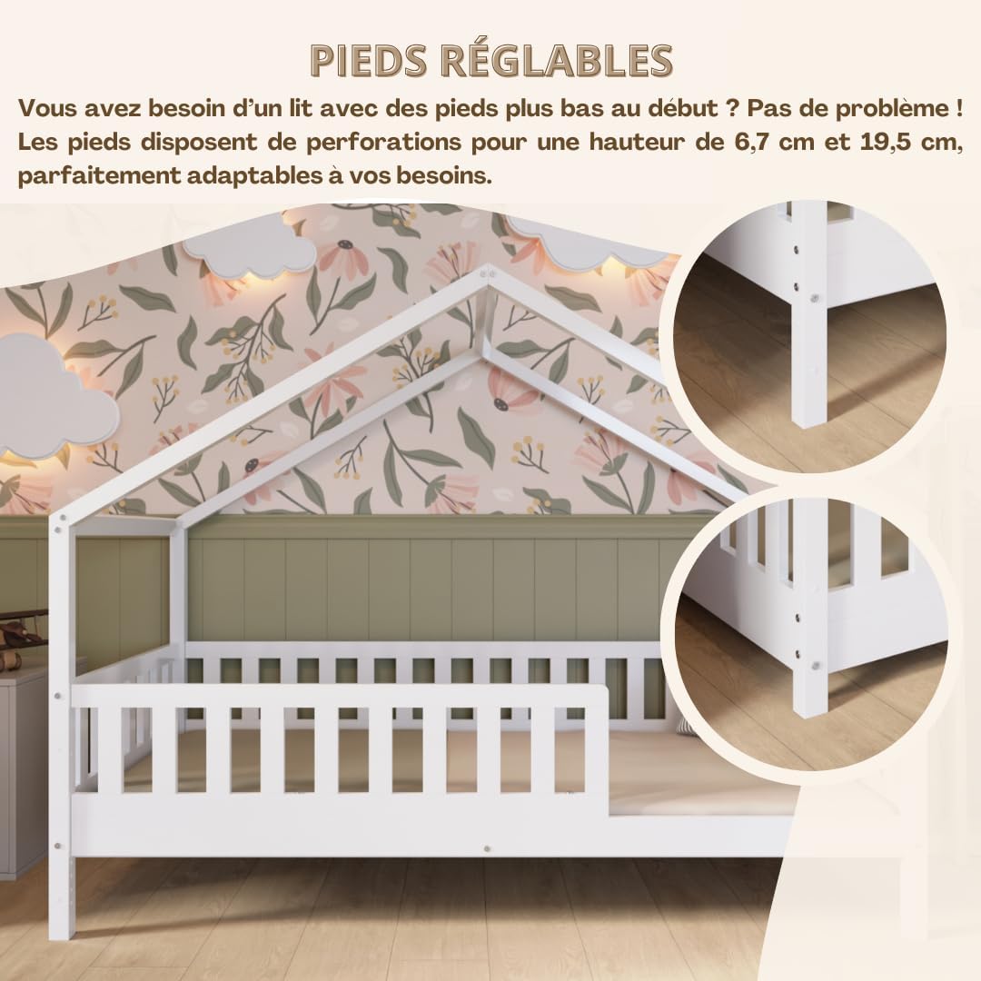 2026 Lit cabane Crazy Pine Crazy House avec tiroirs 190 x 90 cm &ndash; Lit enfant en bois naturel avec barri&egrave;re &ndash; Lit Montessori au sol avec rangement suppl&eacute;mentaire et barri&egrave;re amovible