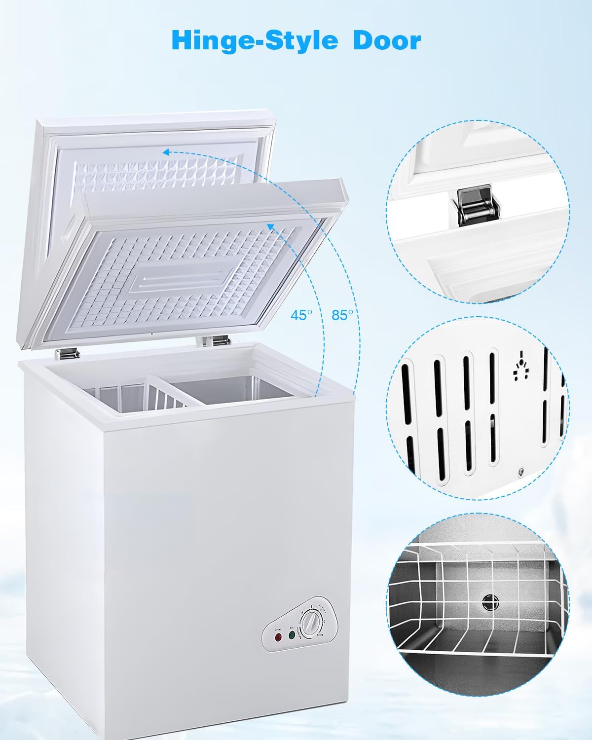 2026 3,5 Kubikfuß Gefriertruhe mit herausnehmbarem Korb, 7-stufige einstellbare Temperaturregelung (-28 °C bis -46 °C), kompakte Tiefkühltruhe für Garage, Büro, Keller, Haus, Küche, Geschäft, Wohnmobile, Weiß