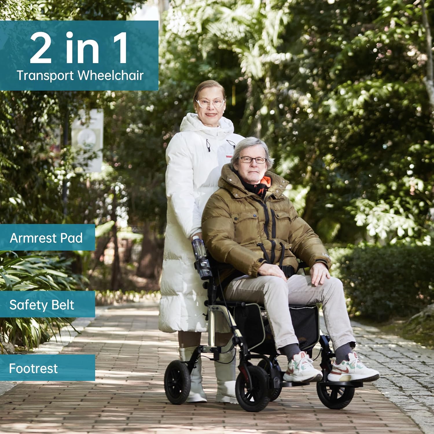 2026 Geländegängiger 2-in-1-Rollator und Transportstuhl, zusammenklappbarer Rollstuhl mit luftlosen 10-Zoll-Rädern für Senioren, umkehrbare Rückenlehne und abnehmbare Fußstützen, blau