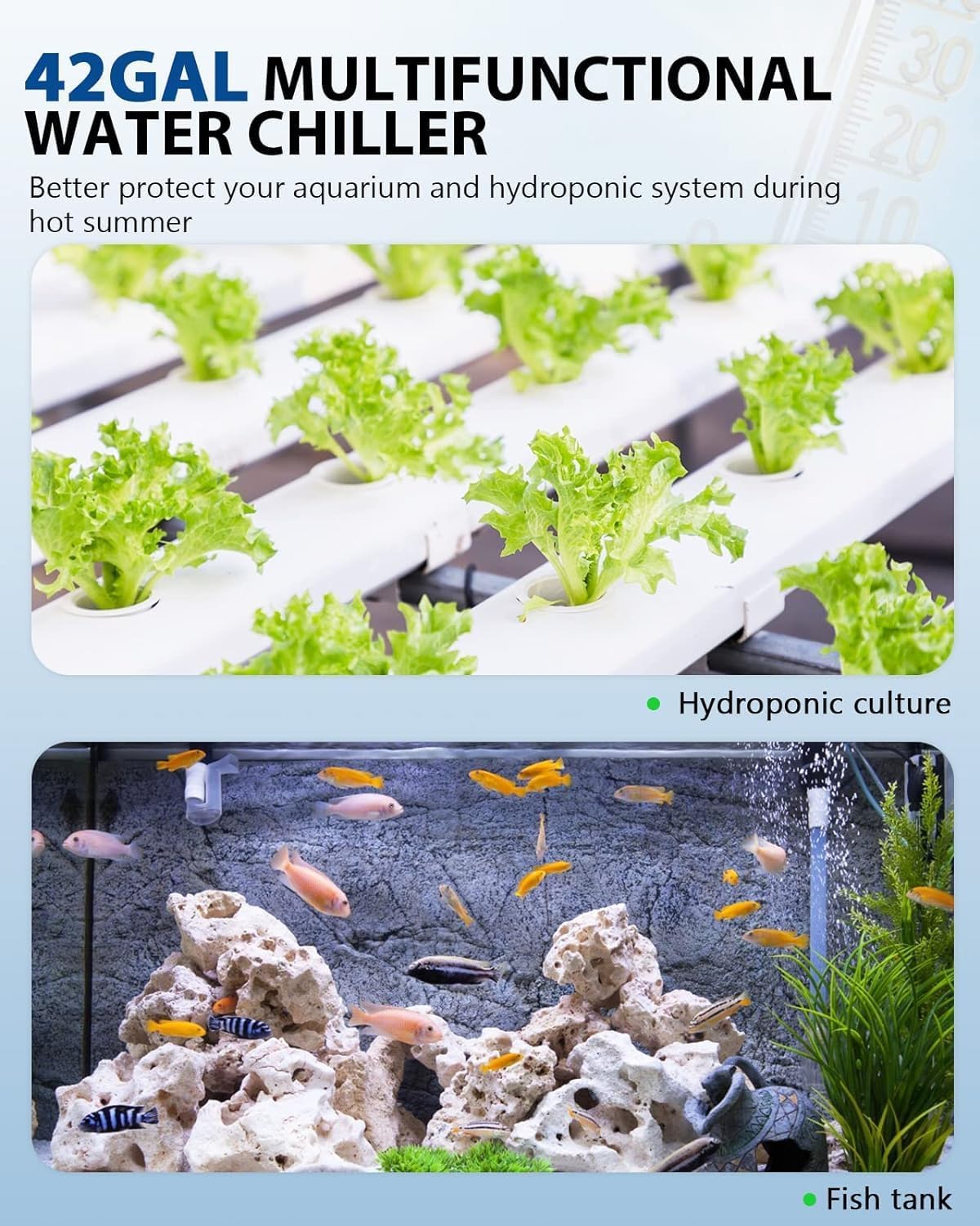 2026 Aquarium-Kühler, 42 Gallonen, 1/10 PS, Wasserkühler, Fischtank-Kühler, spezielles leises Design, Kühlkompressor für Hydrokultur, Wasserpflanzen, Quallen, Korallen, Kristallgarnelen (42 Gallonen/160 l)