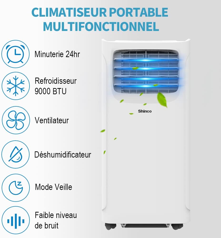 2026 SHINCO Climatiseur mobile, 7000 BTU 2,05kW, Refroidir&Ventilation&Déshumidification, taille de la pièce jusqu'à 54m³(18㎡), Climatiseur mobile avec tuyau d'évacuation et tuyau de vidange, mode sommeil