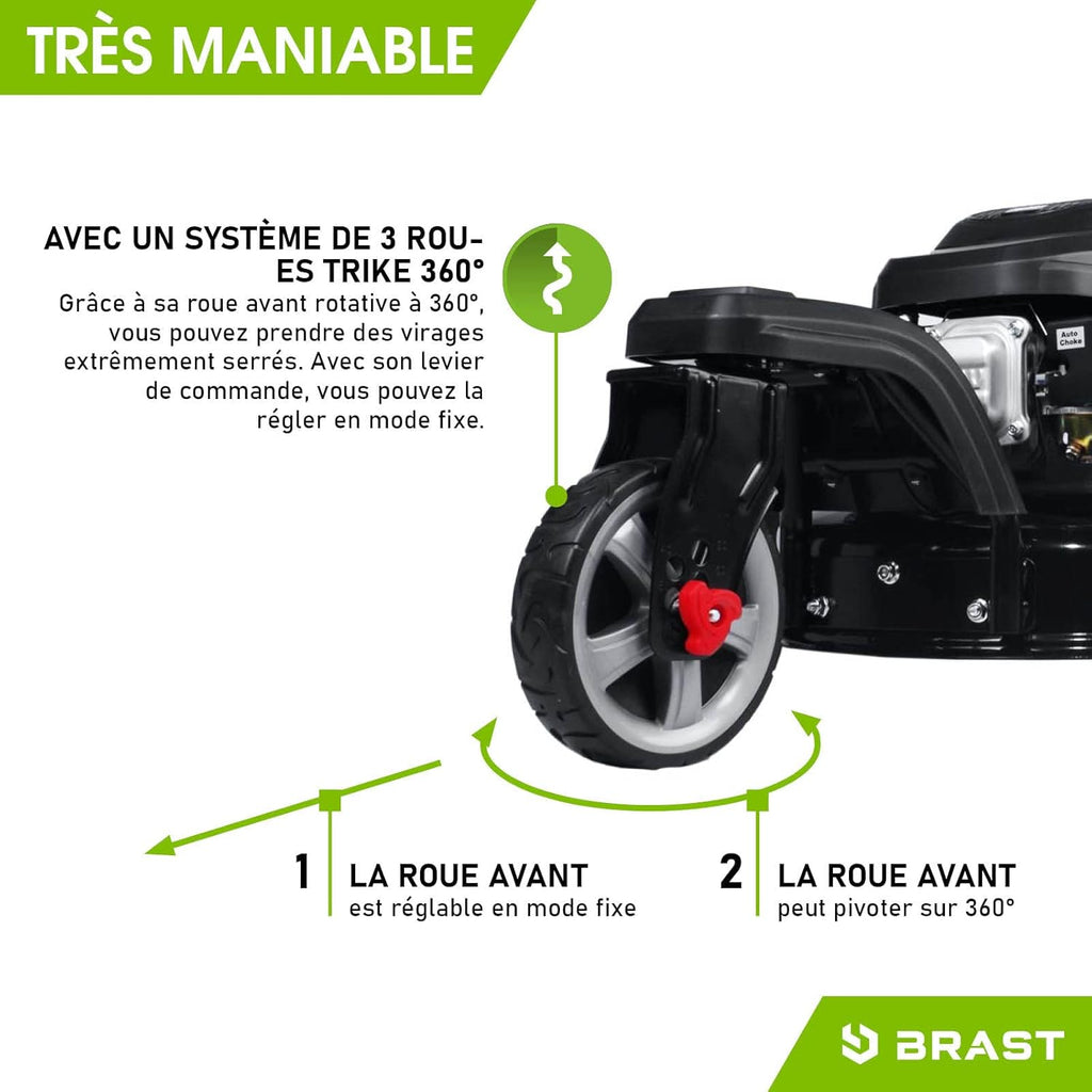 2026 BRAST tondeuse thermique 3 roues TRIKE E-START 224cc 53cm tractée démarrage électrique mulching 4en1 capot en tôle en acier 60l - moteur 4 temps de la marque française GT reglable