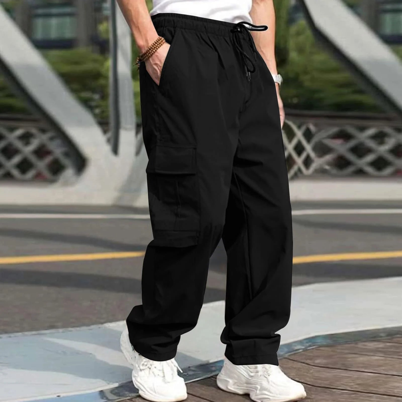2026 Men's Casual Straight Cargo Trousers Drawstring Waist Pockets Style Everyday