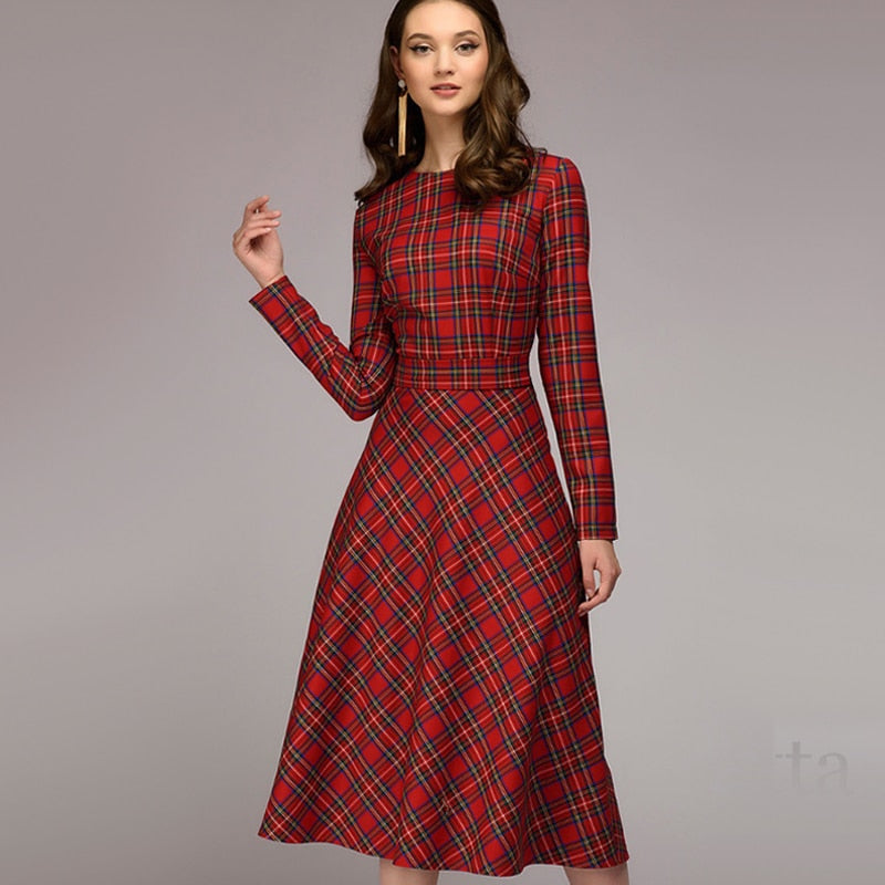 Robe à carreaux élégant midi intemporel chic décontracté pour femme