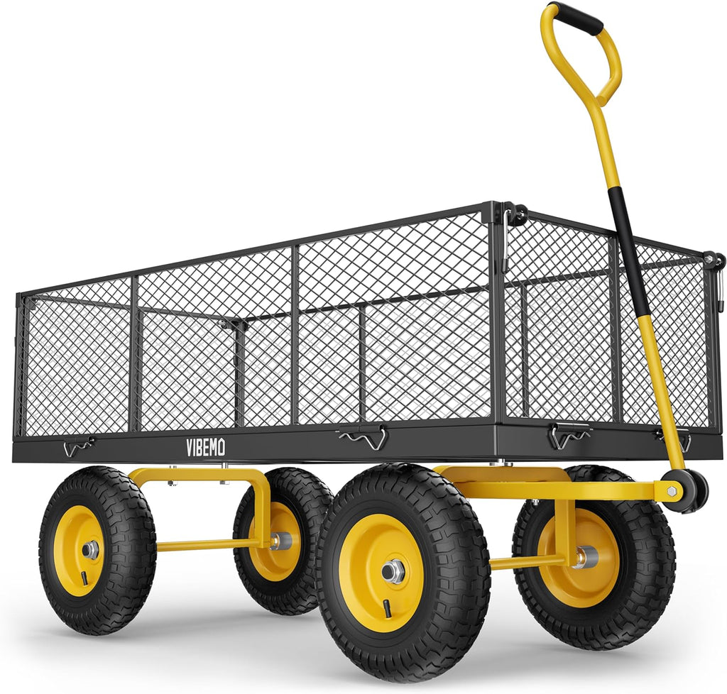2026 Steel Garden Cart, 2-in-1 1400 lbs Heavy Duty Utility Wagon, with Removable Mesh Sides to Convert into Flatbed, 240° U-Turn 13" Pneumatic Tires Garden Wagon for Farm Yard Lawn Garden Camping