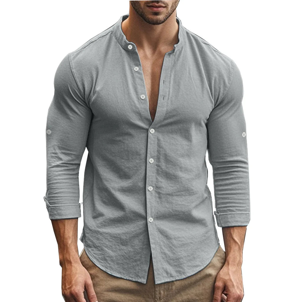 2026 Men's Casual Cotton Standing Collar Long Sleeve Summer Shirt Breathable