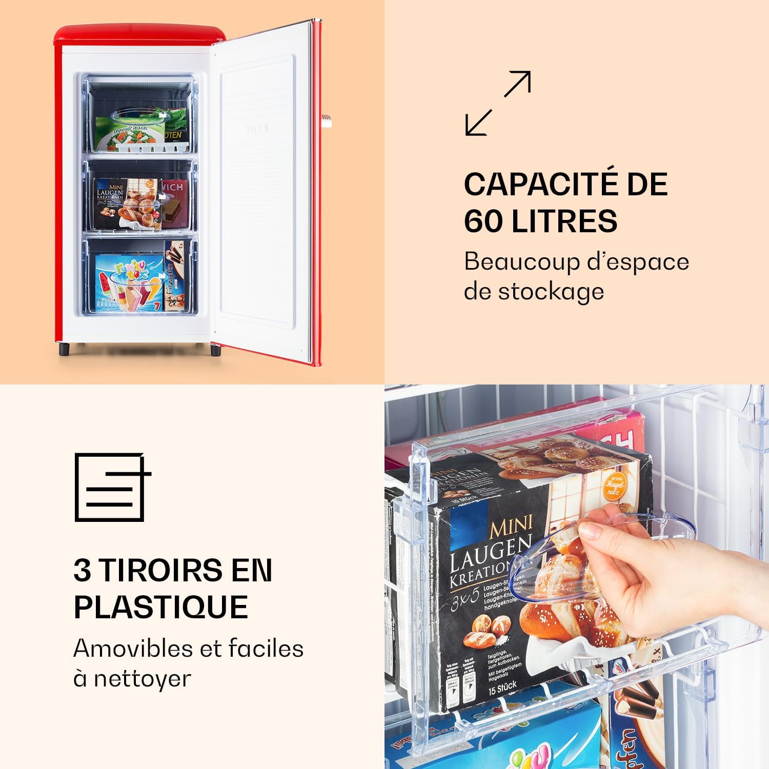 2026 KLARSTEIN Laika - Congélateur, volume total 60 litres, thermostat à 5 niveaux, 0 à -18°C, 3 grilles, pose libre, design rétro - rouge
