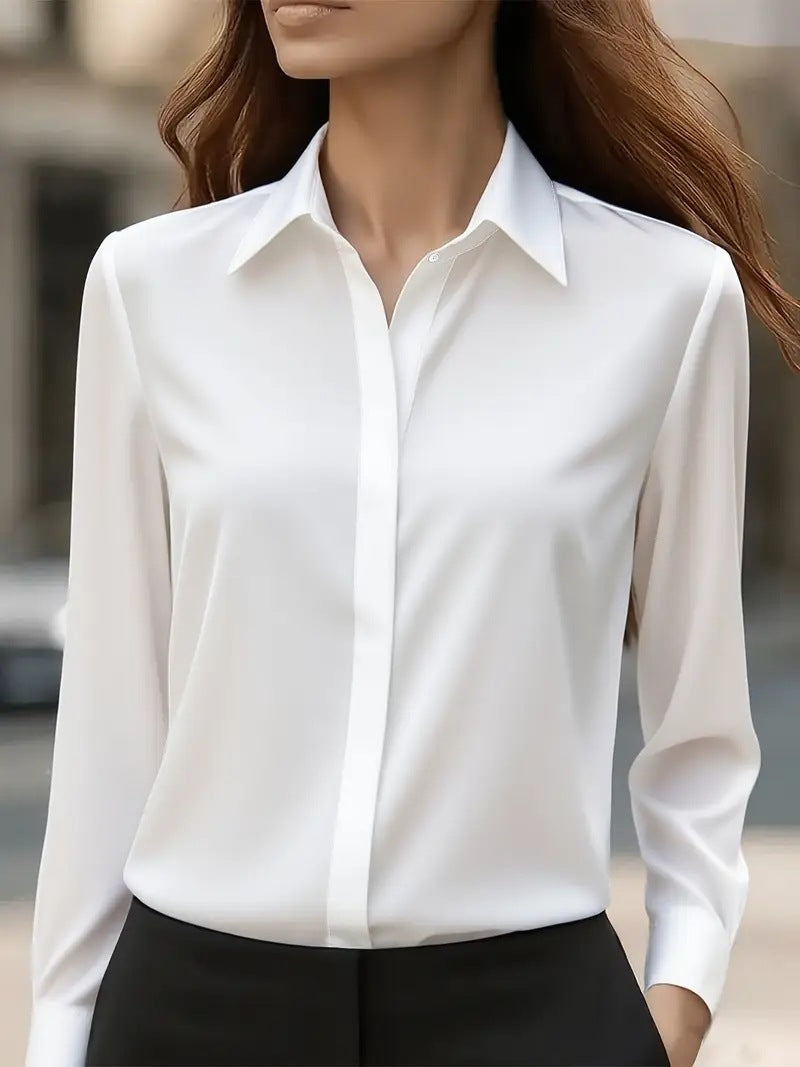Chemisier tailleur satin à revers manches longues habillé bureau pour femme