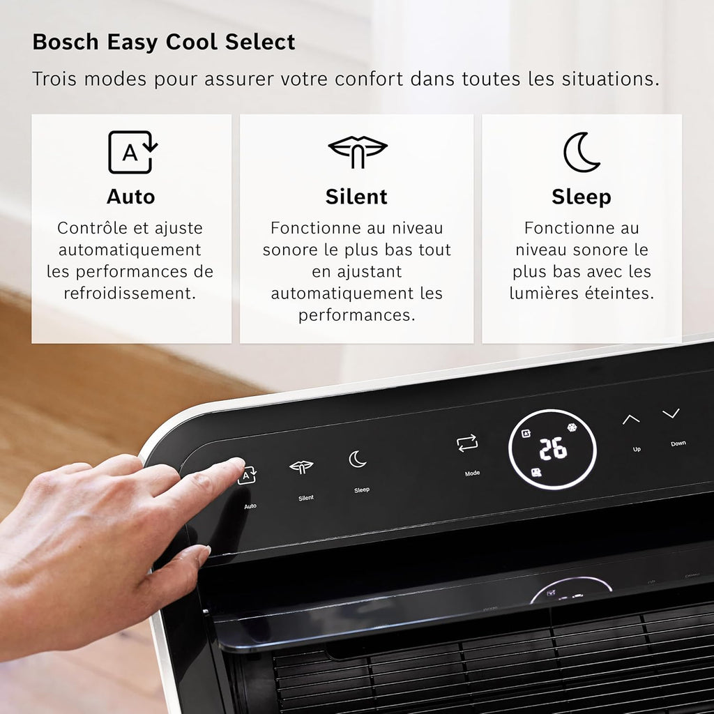 2026 Bosch Cool 4000 Portable AC - 3 en 1 : Climatiseur, Déshumidificateur, Ventilateur - 2,6 kW pour les pièces jusqu'à 35m² - Avec Mode Auto, Mode Silencieux et Mode Veille (48 db (A)) [Classe A+]