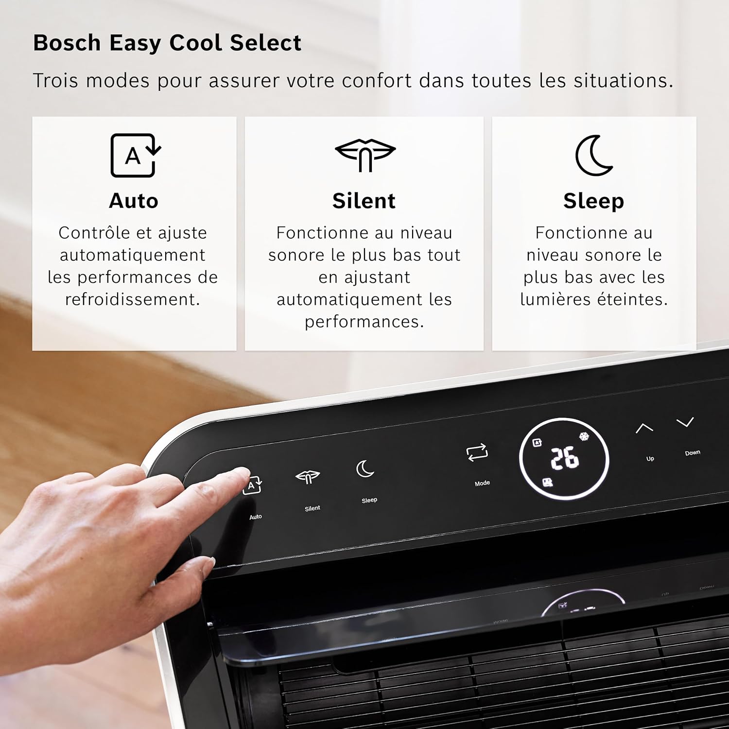 2026 Bosch Cool 4000 Portable AC - 3 en 1 : Climatiseur, Déshumidificateur, Ventilateur - 2,6 kW pour les pièces jusqu'à 35m² - Avec Mode Auto, Mode Silencieux et Mode Veille (48 db (A)) [Classe A+]