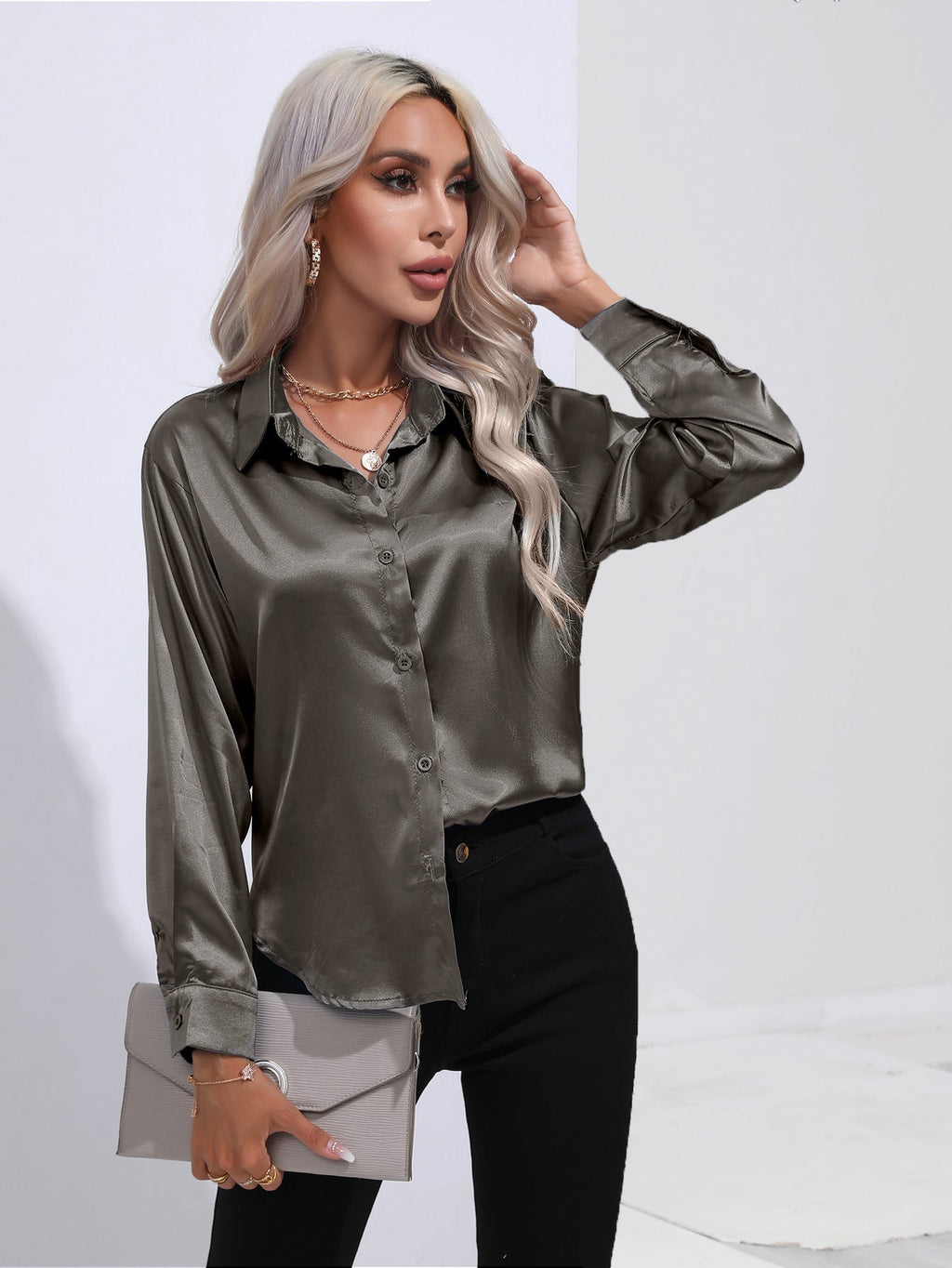 Women's Premium Satin Solid Color Button Front Lapel Blouse Shirt - LAKD London