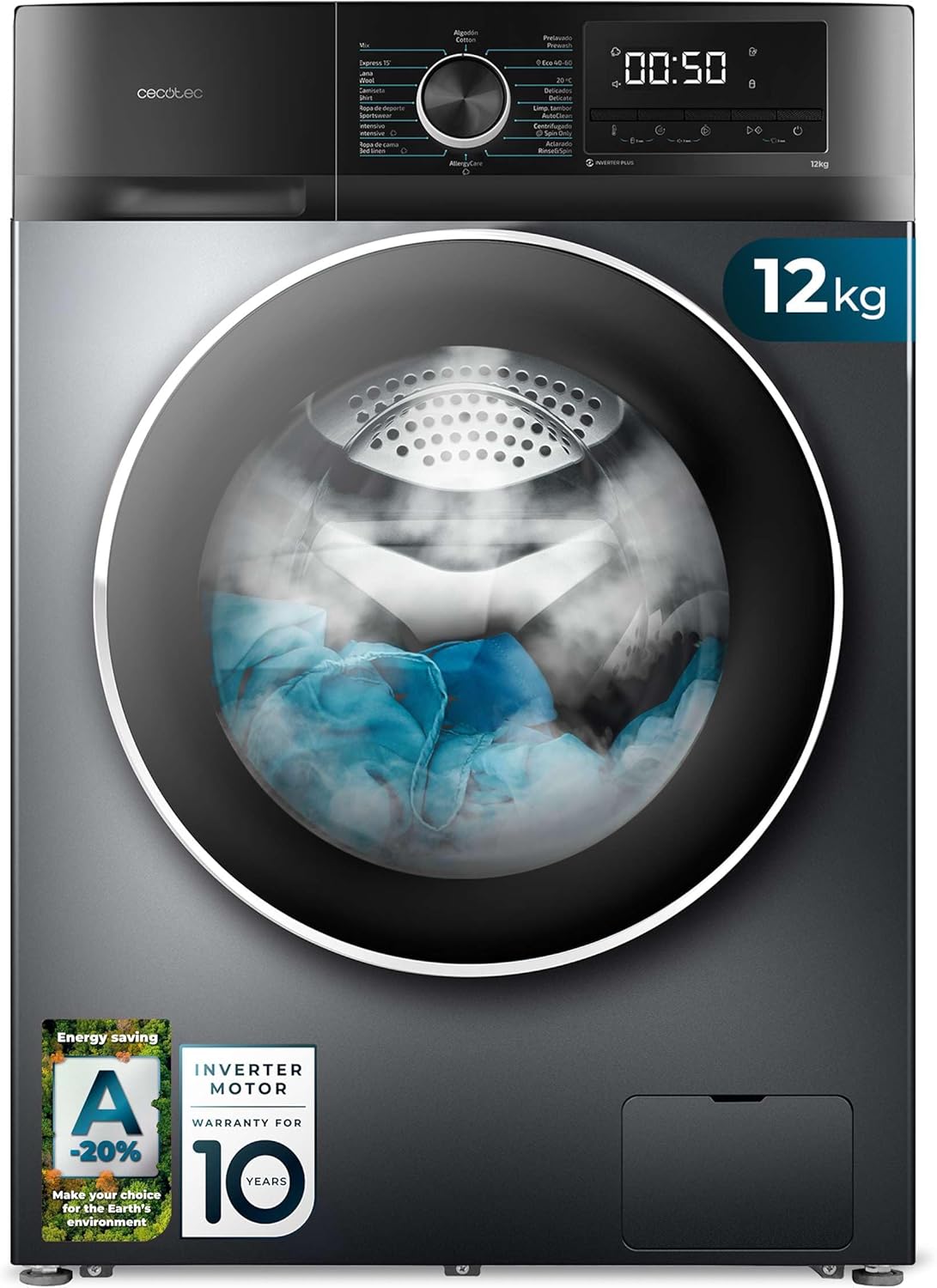 2026 Cecotec Bolero Dresscode 10500 Inverter Steel A. Lave-linge 10 kg Steel, 1400 tr/min, Moteur Inverter Plus, Vapeur, Classe A.