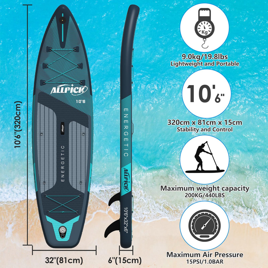 2026 ALLPICK Premium SUP Board Set, Stand Up Paddling Board Aufblasbar, Mit Universal Kamerahalterung, Komplettes Zubehör, Verstellbares Paddel, Anfänger, Fortgeschrittene, 180kg (Premium-Grün)